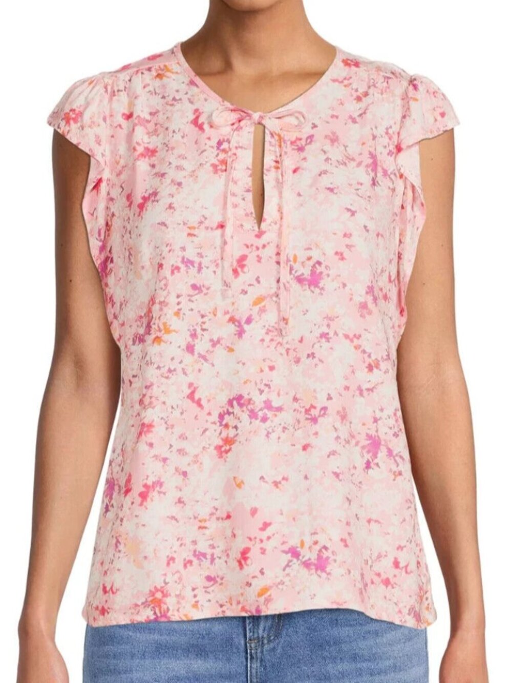 NEW NWT TIME AND TRU Woven Ruffle Top Light Pink Floral Short Flutter Sleeve XL